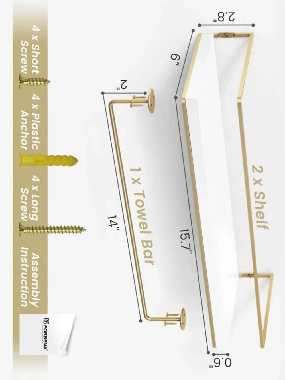 NWT 🛍️ Set of 2 Forbena Floating Shelves - Wall Mounted with Gold Towel Bar